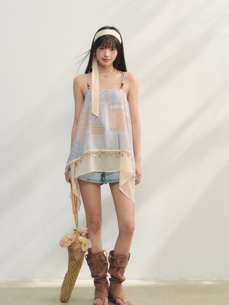 Irregular Beaded Strappy Printed Slip Dress - CHINASQUAD