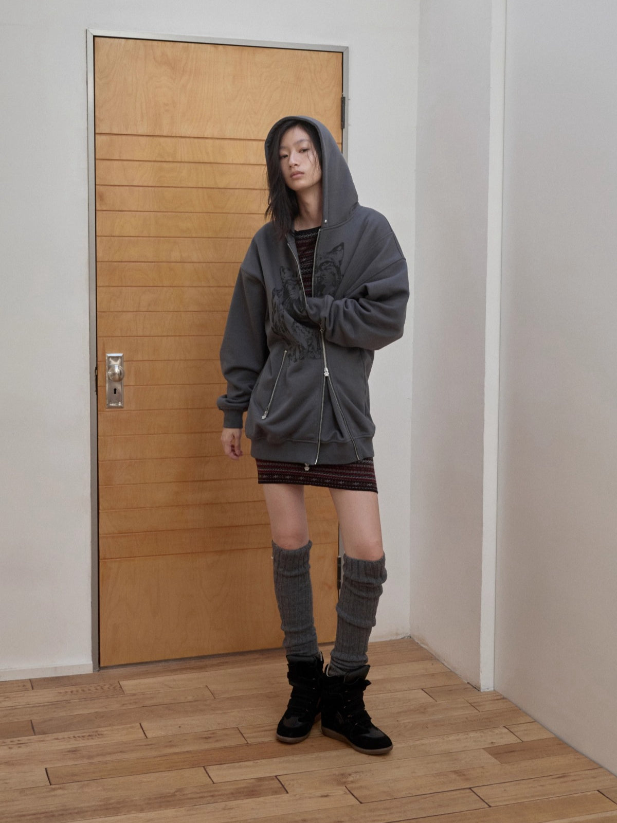 Cat Print Double-Zip Convertible Hoodie - CHINASQUAD