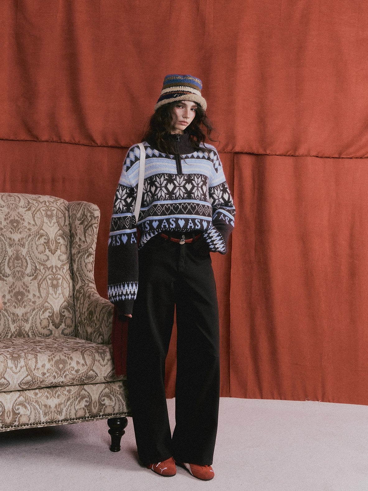 Vintage Fair Isle Half-Zip Fringe Hem Sweater