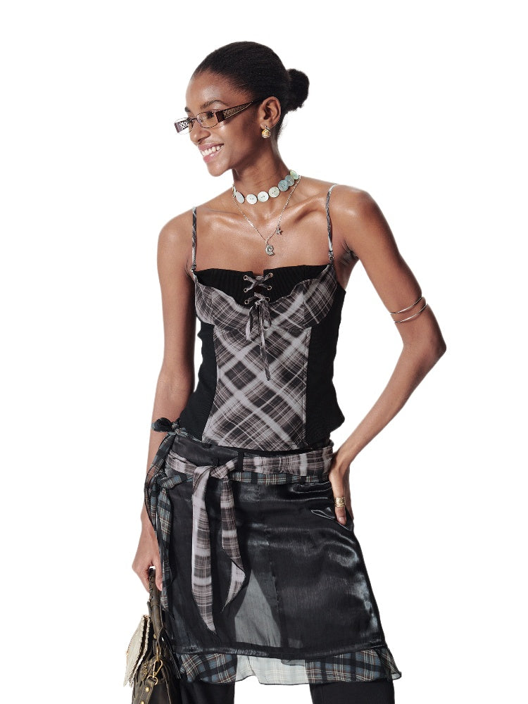 Strappy Contrast Polka Dot Plaid Cami - CHINASQUAD