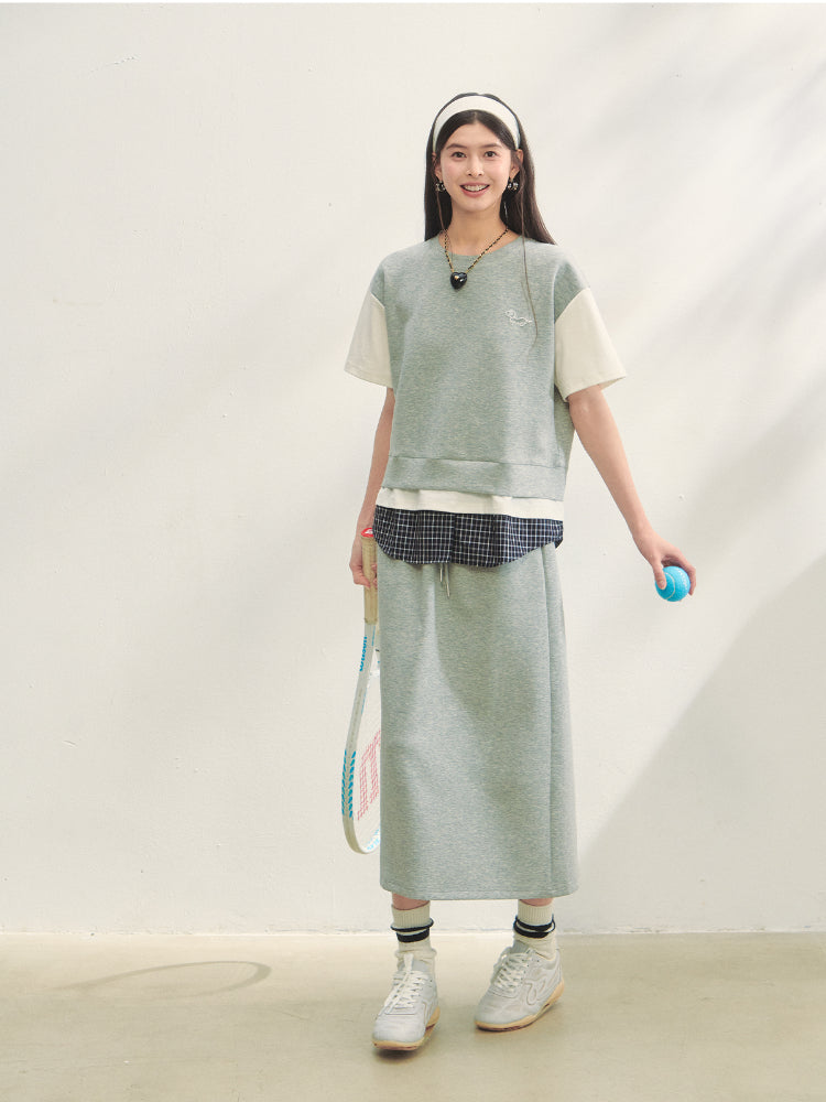 Fake 3-Piece Plaid Short-Sleeve T-shirt & Skirt Set - CHINASQUAD