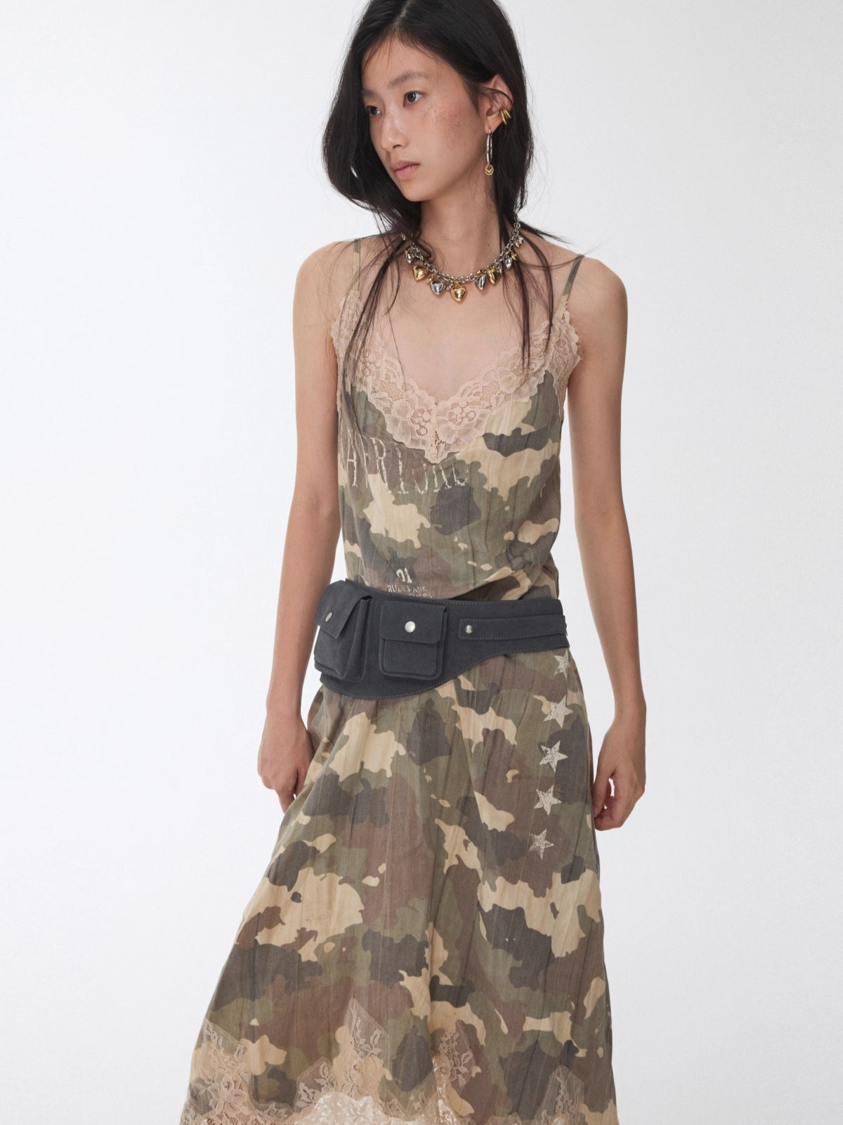 Camouflage Lace-Trim Printed Slip Dress - CHINASQUAD