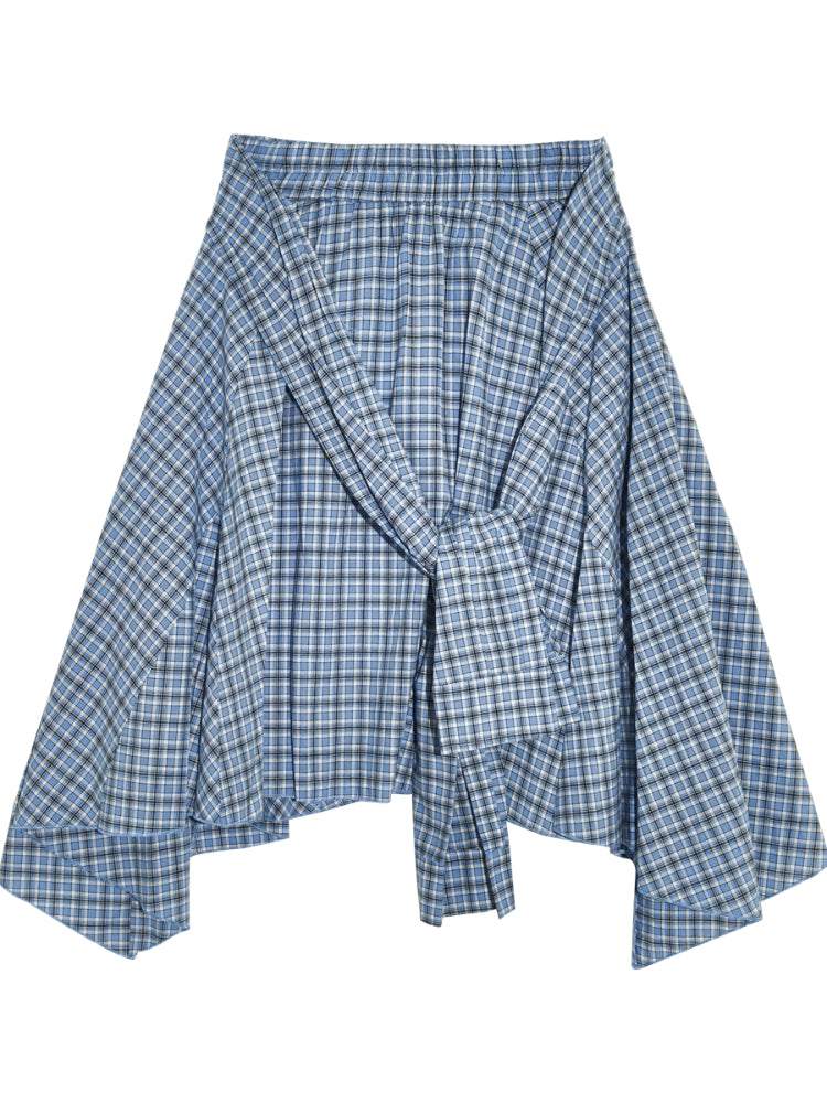 Blue Checkered Irregular Tie-Waist Skirt - CHINASQUAD