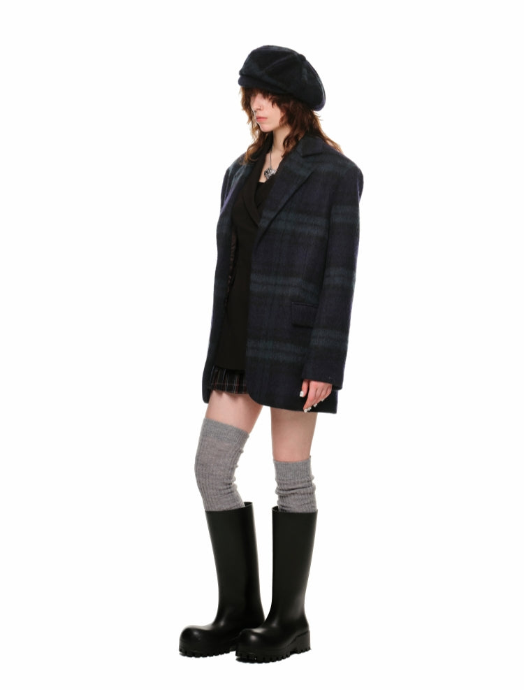Oversized Green Plaid Woolen Blazer - CHINASQUAD