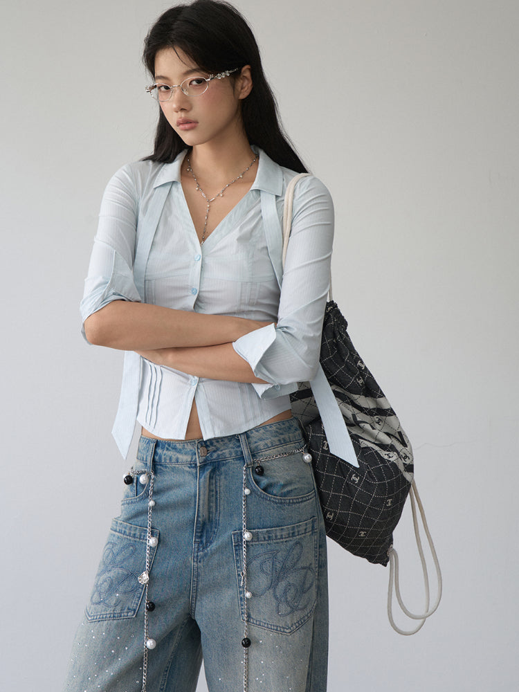 Contrast-colored Collared Waist-cinched Shirt - CHINASQUAD