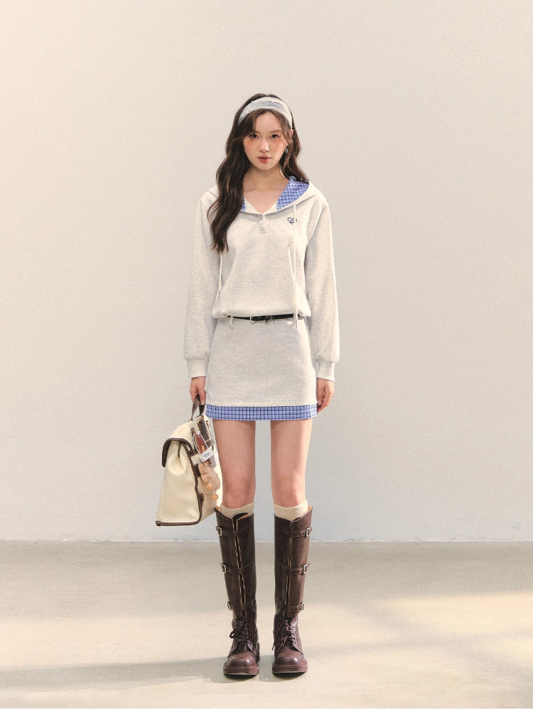 Plaid Splicing Embroidery Hooded Dress