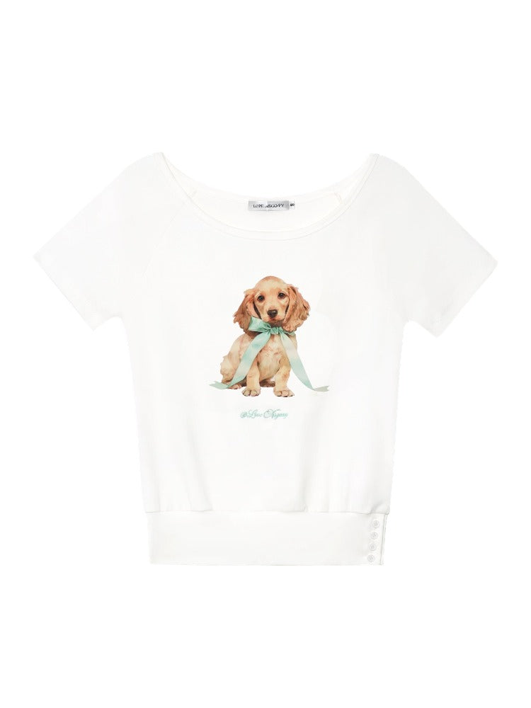 Asymmetric Shoulder Bow Puppy Printed T-Shirt - CHINASQUAD