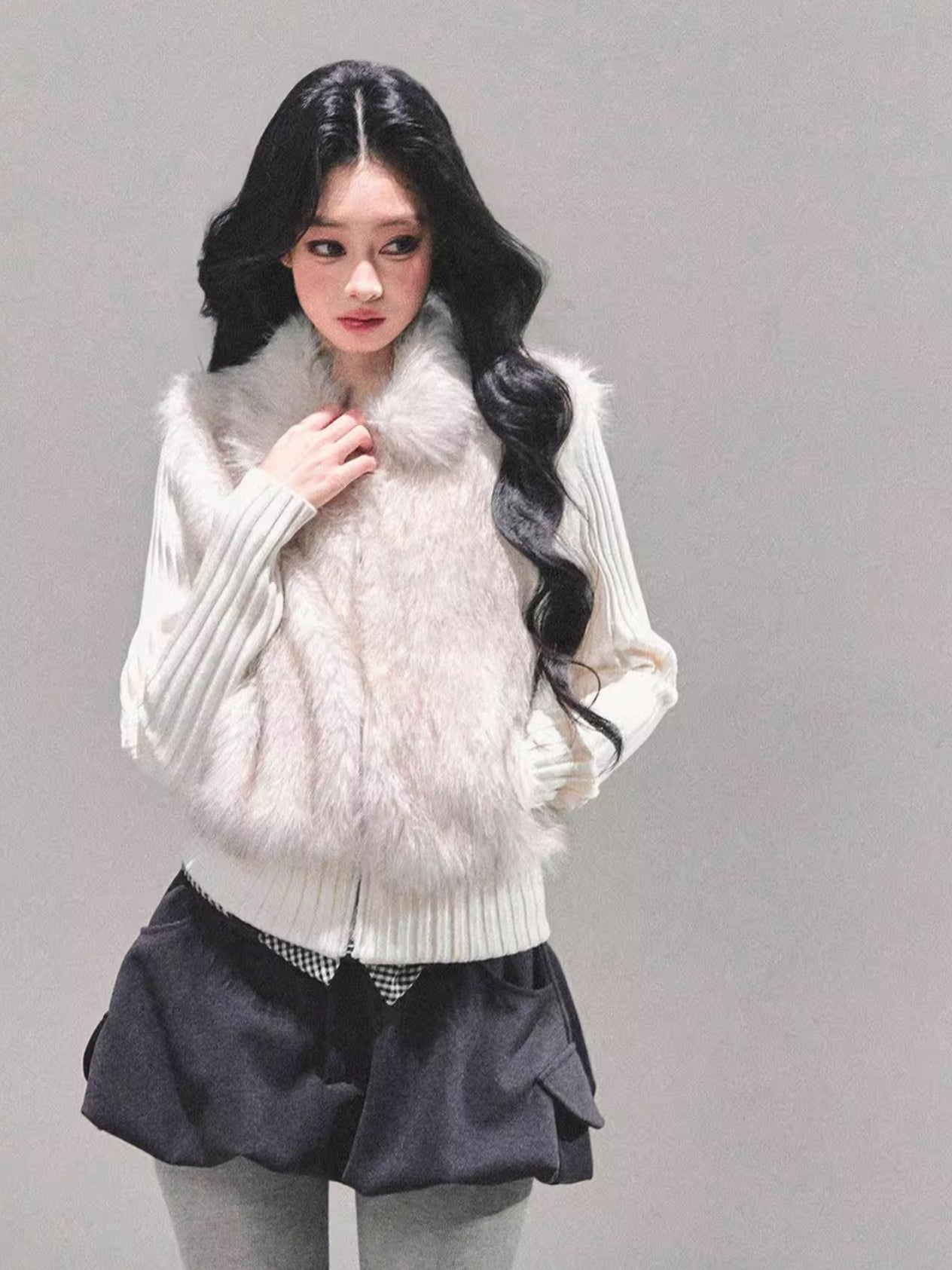 Faux Two-Piece Eco Fur Knit Jacket