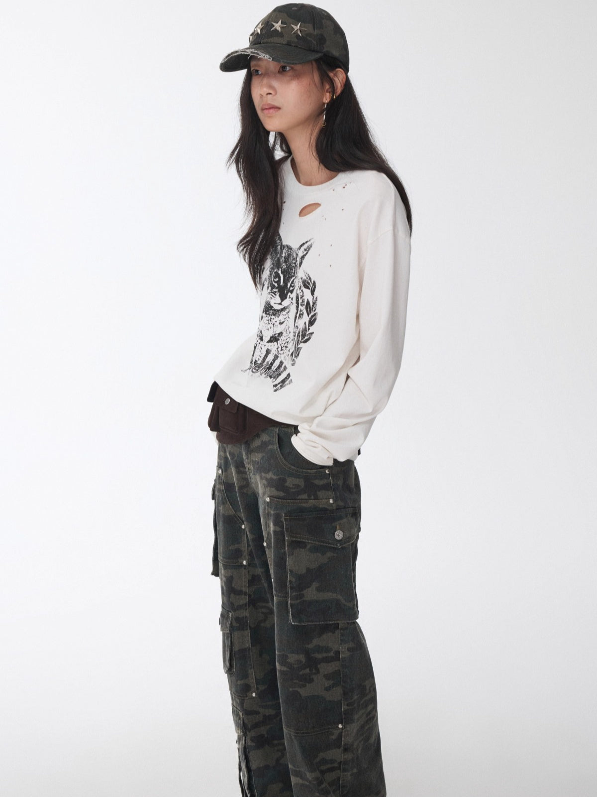 Vintage Cat & Dog Print Distressed Long-Sleeve Tee - CHINASQUAD