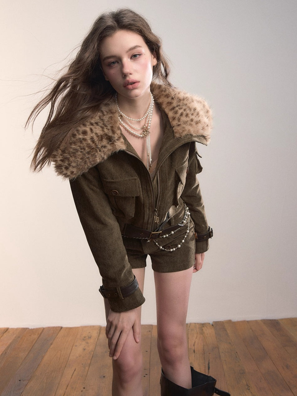 Leopard Faux Fur Collar Belted Puffer Jacket