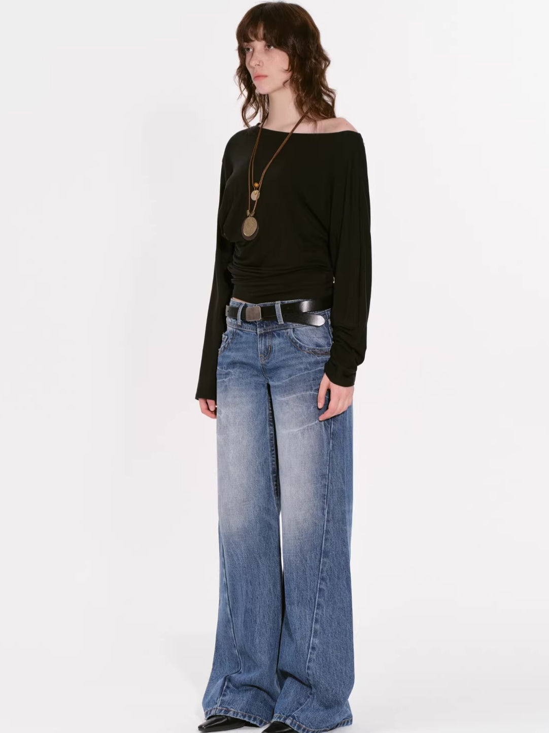 Draped Lyocell Off-Shoulder Long Sleeve T-Shirt