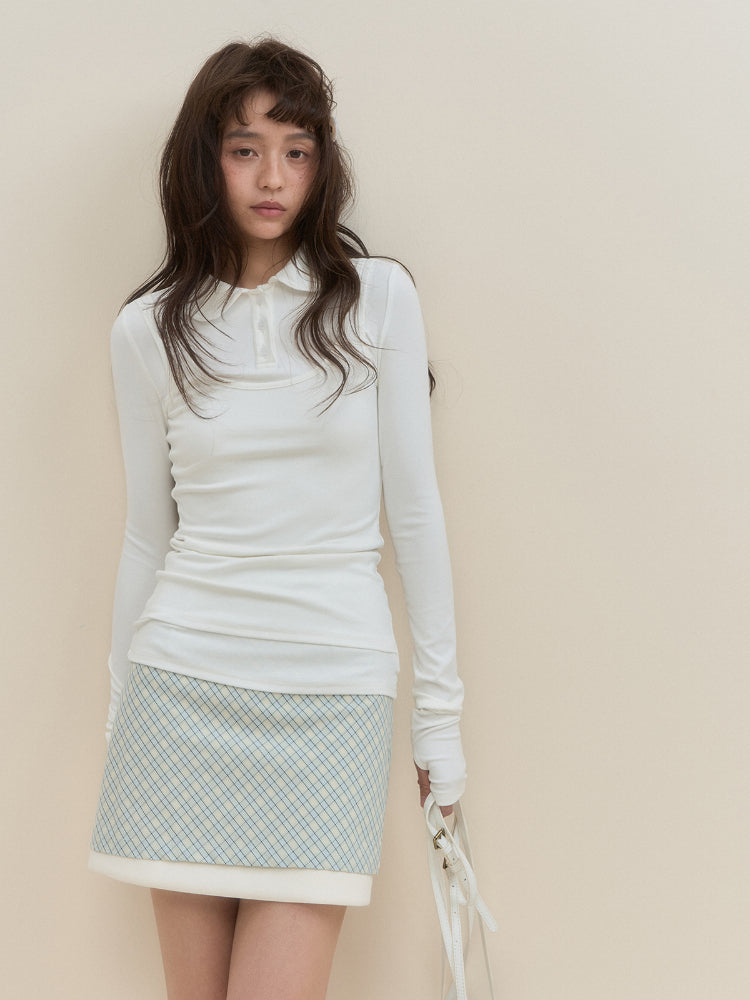 White & Blue Collared Knit Top & Skirt Set - CHINASQUAD