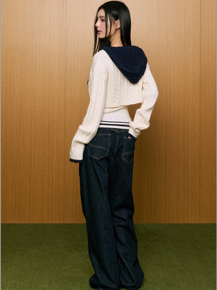 True Two-Piece Contrast Design Hooded Crop Sweater - CHINASQUAD