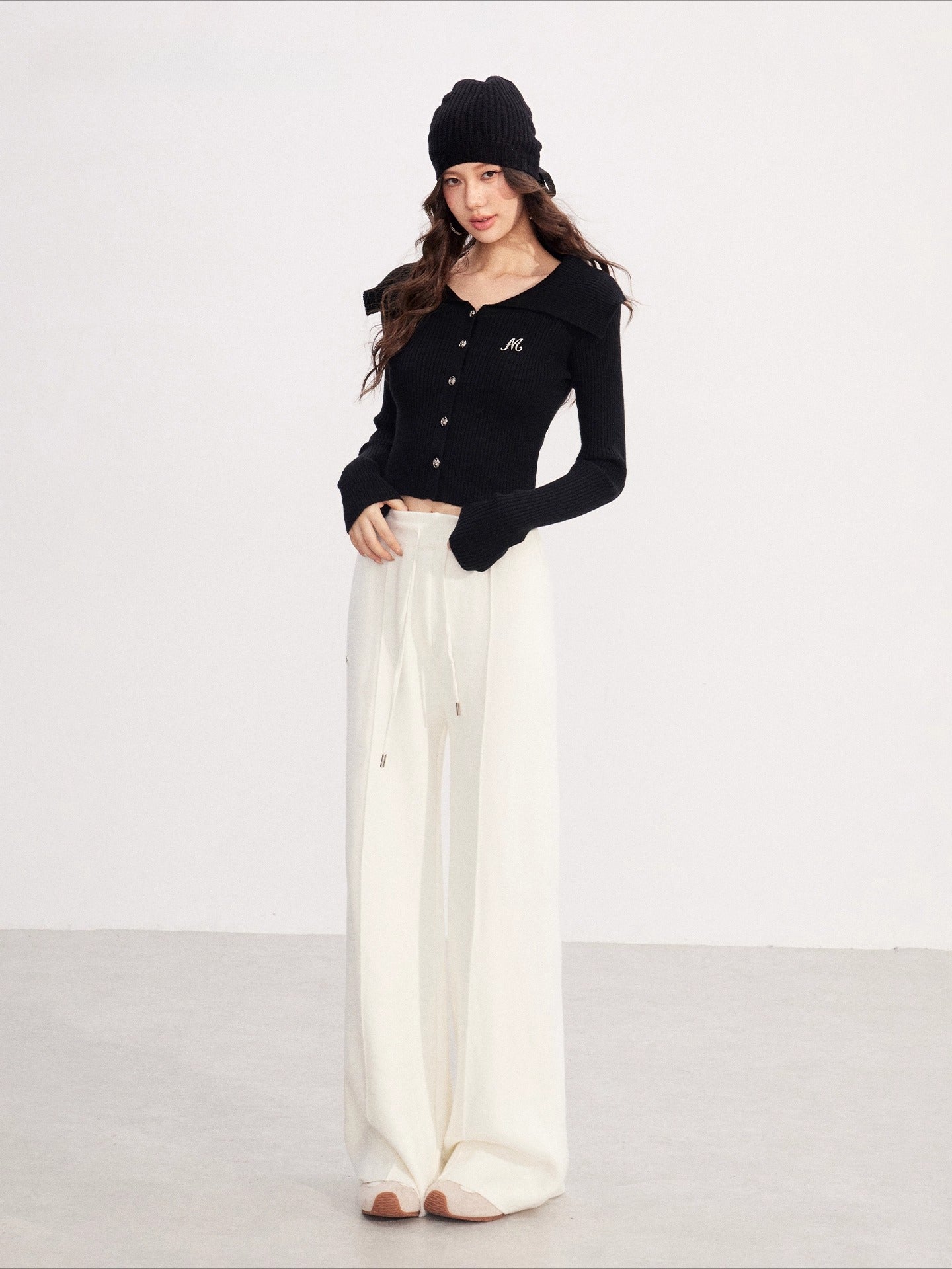 Fleece-Lined Soft-Knit Wide-Leg Pants