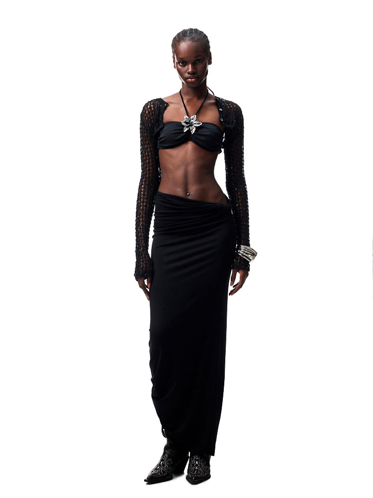 Hollow-Out Knitted Cropped Long-Sleeve Cover-Up - CHINASQUAD