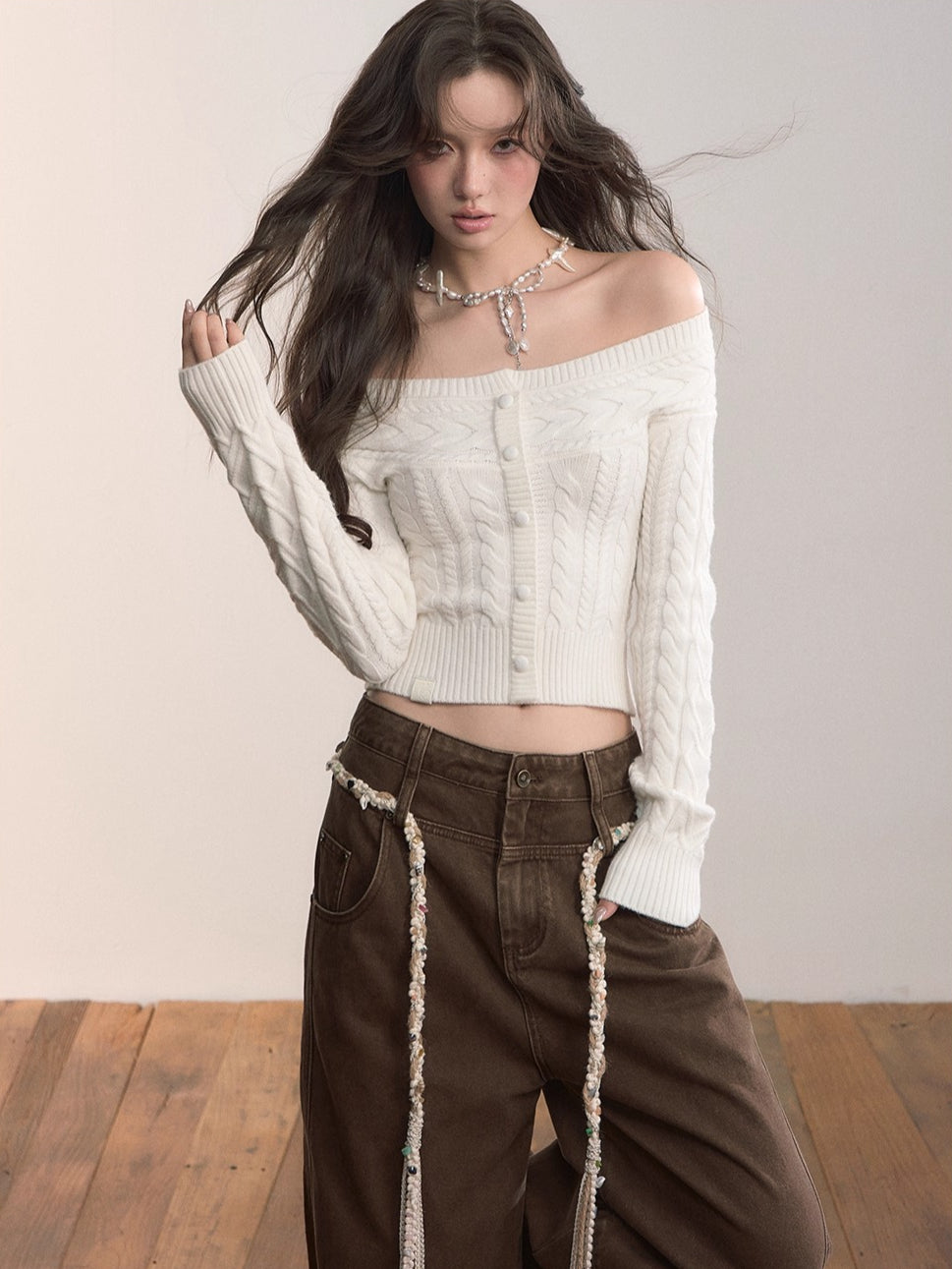 Off-Shoulder Cable Knit Cardigan - CHINASQUAD