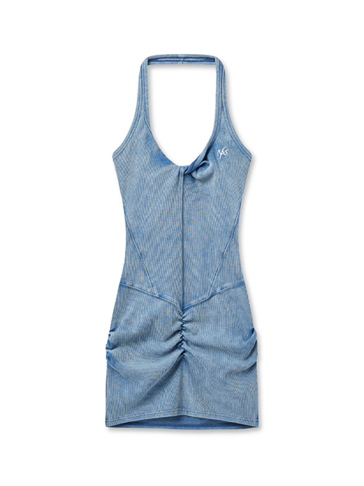 Vintage U-Neck Slim Halter Denim Dress - CHINASQUAD