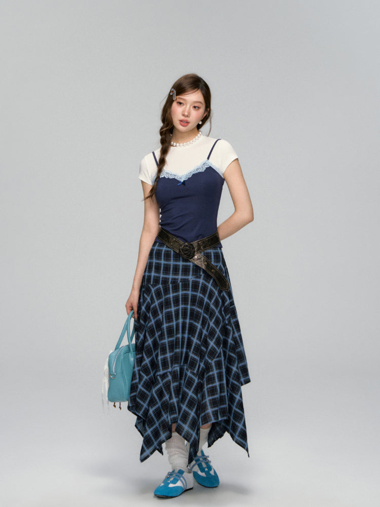 Irregular Navy Blue Checked Midi Skirt - CHINASQUAD