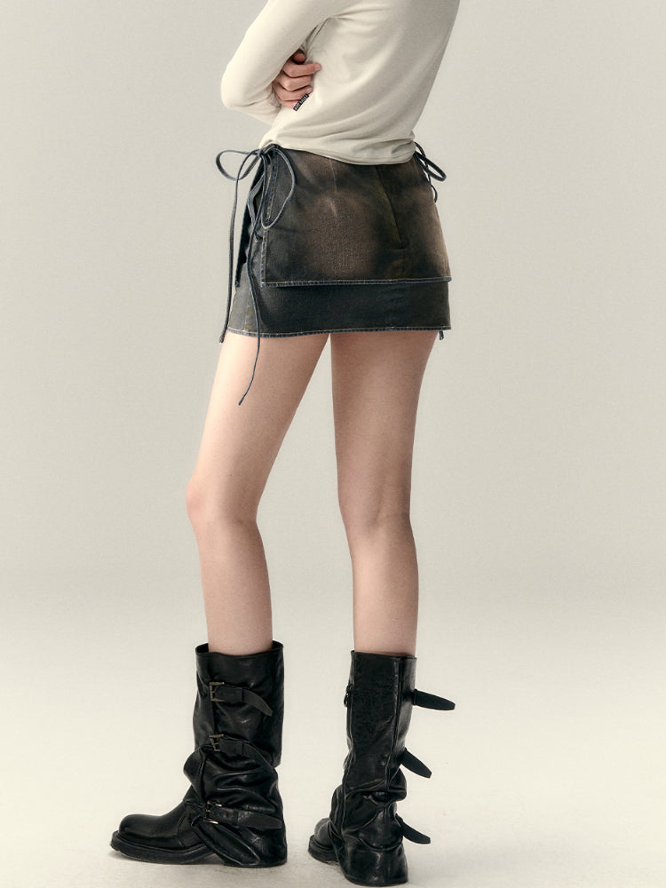 (Final Sale) Faux Two-Piece Tie Waist Denim Skirt - CHINASQUAD