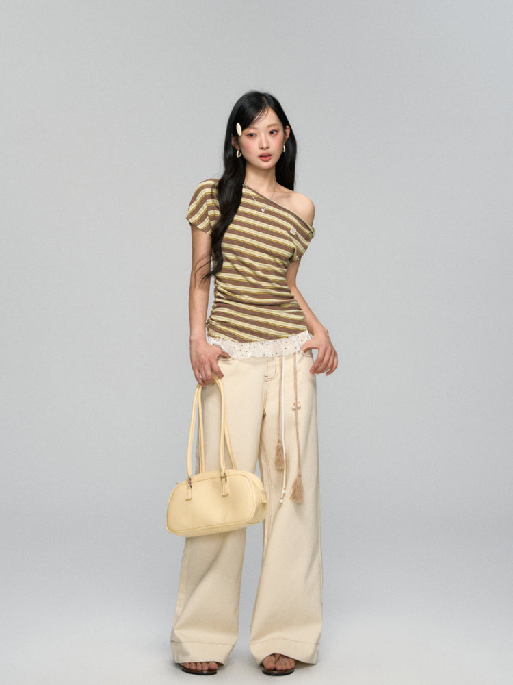 Striped Lace-Spliced Asymmetric-Shoulder T-shirt - CHINASQUAD