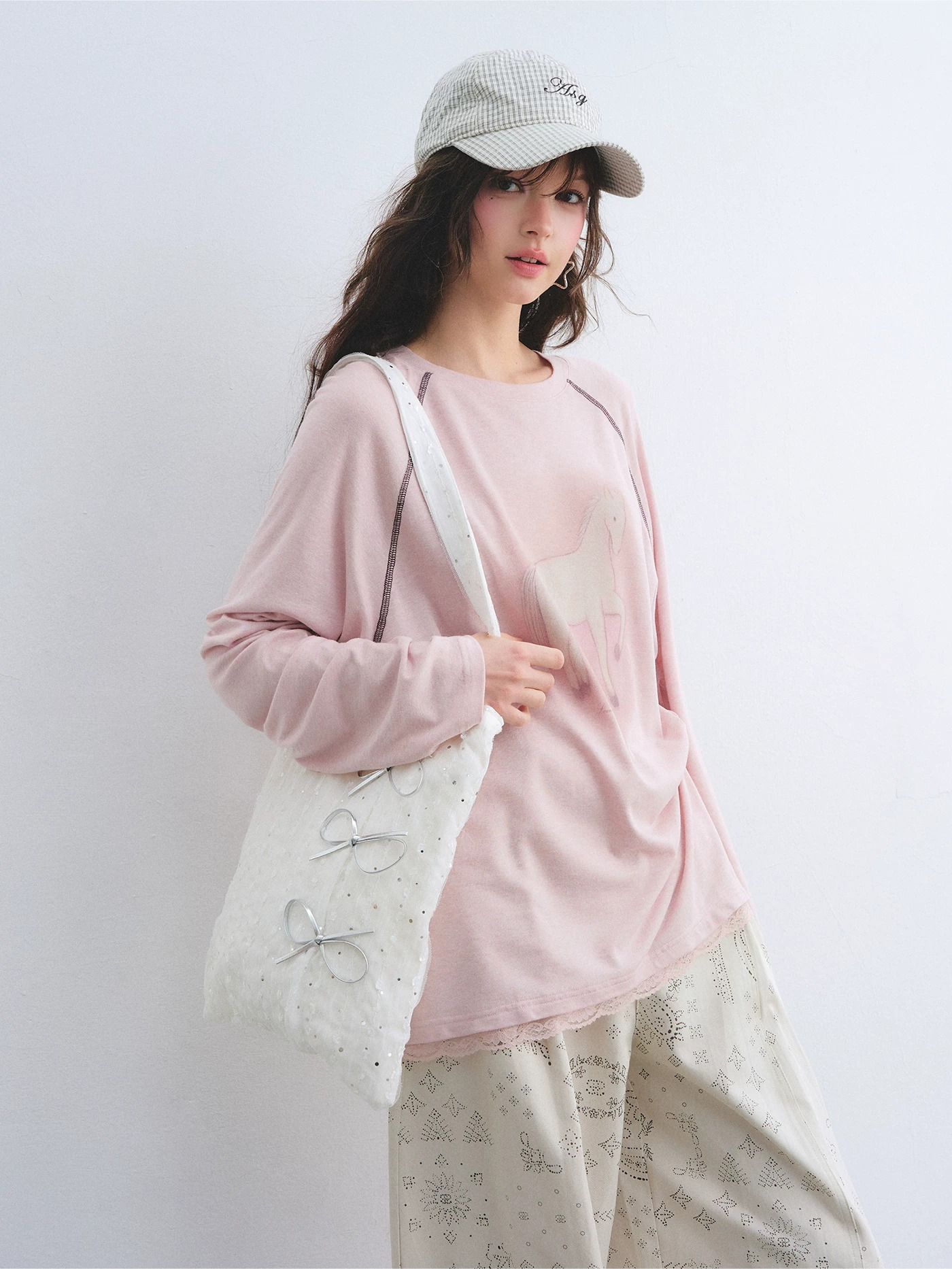 Lyocell Wool-Blend Raglan Sleeve Lace Hem Printed T-Shirt