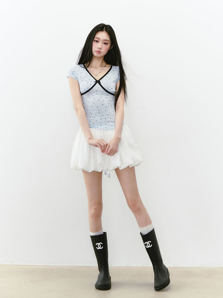 Waist-Cinched Polka Dot Short Sleeve T-shirt - CHINASQUAD