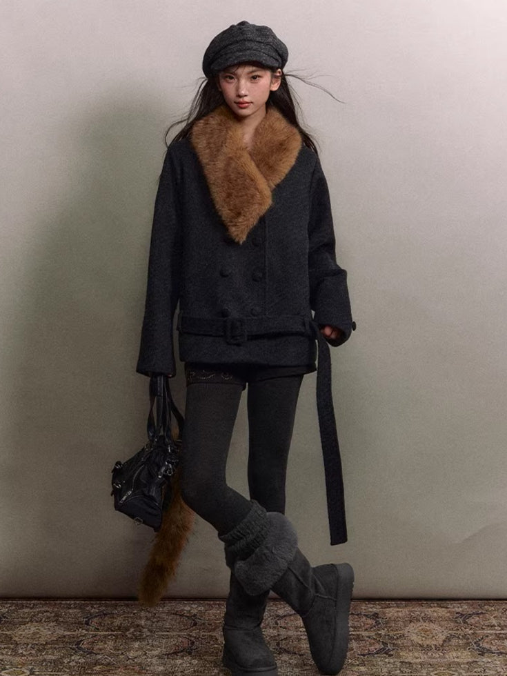 Fur-Collar Double-Breasted Wool Jacket