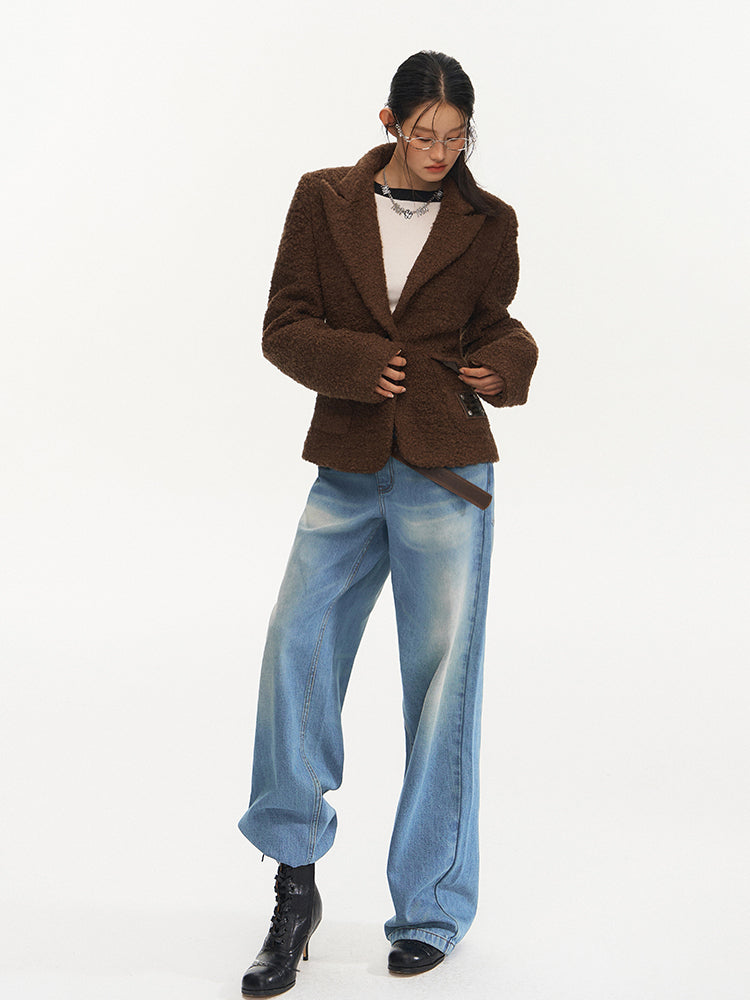 Brown Vintage Waist Woolen Blazer - CHINASQUAD
