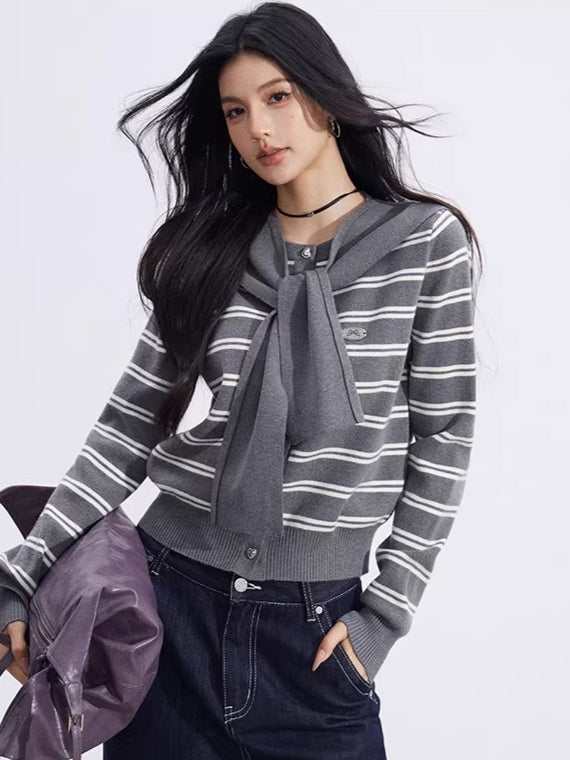 Striped Knit Cardigan & Shawl Two-Piece Set