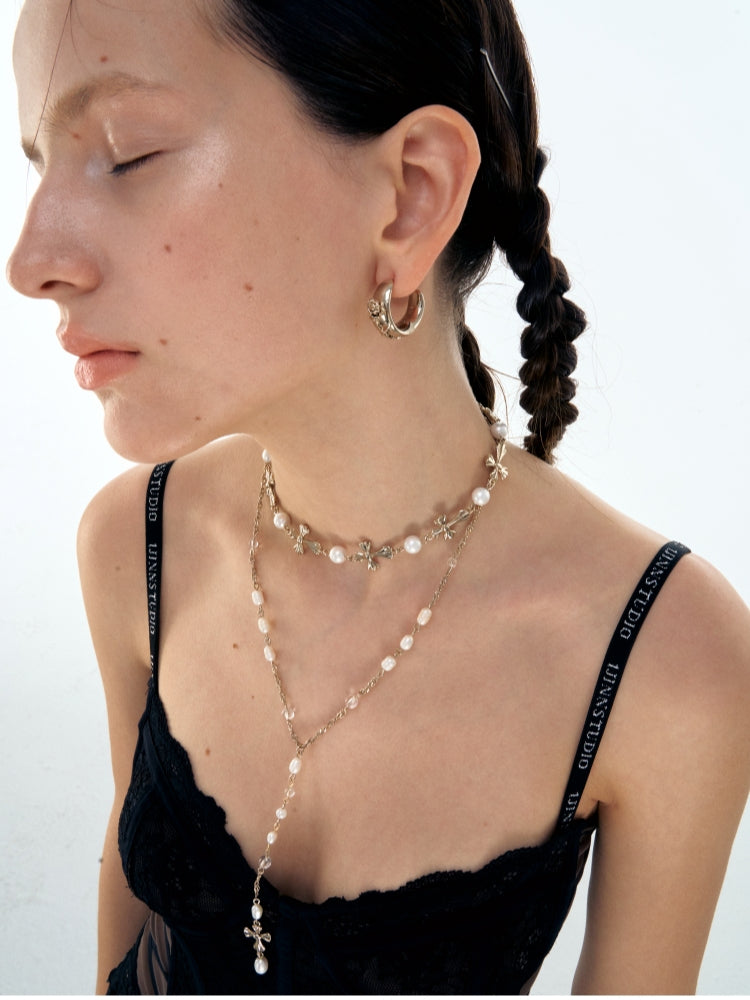 Double-Layered Pearl Fleur-de-Lis Y Necklace - CHINASQUAD