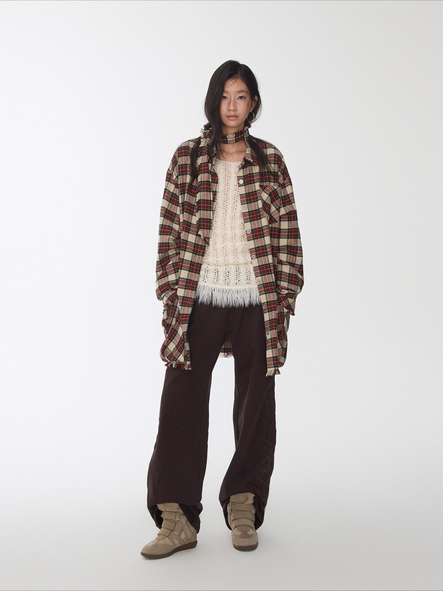 Vintage Red Plaid Frayed-Edge Utility Shirt Dress