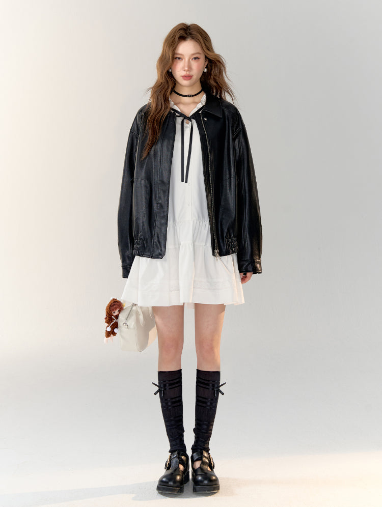 White Bowknot Tied Pleated Shirt Dress - CHINASQUAD