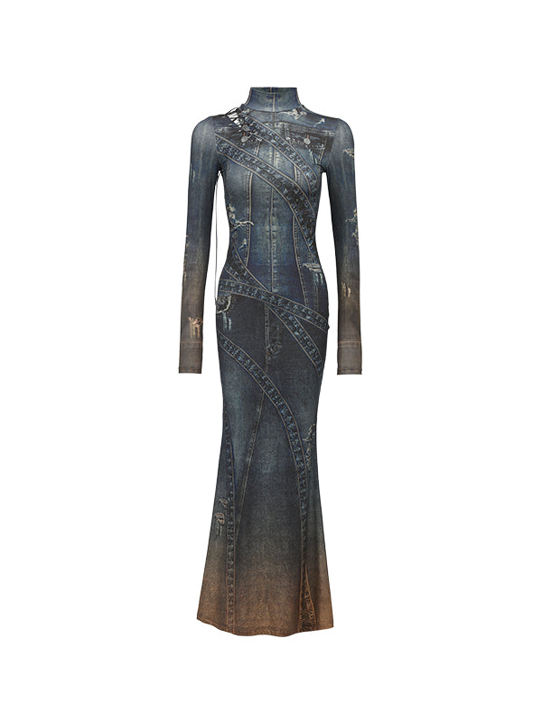 Denim Blue & Black Floral Print Long Dress - CHINASQUAD