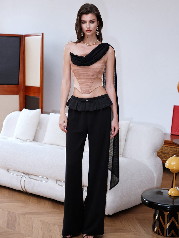 Off-Shoulder Floating Strap Cowl Neck Boned Crop Top - CHINASQUAD