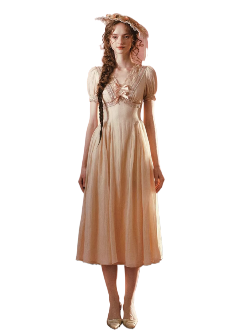 Sunset Rose French Vintage V-Neck Waist-Cinching Dress