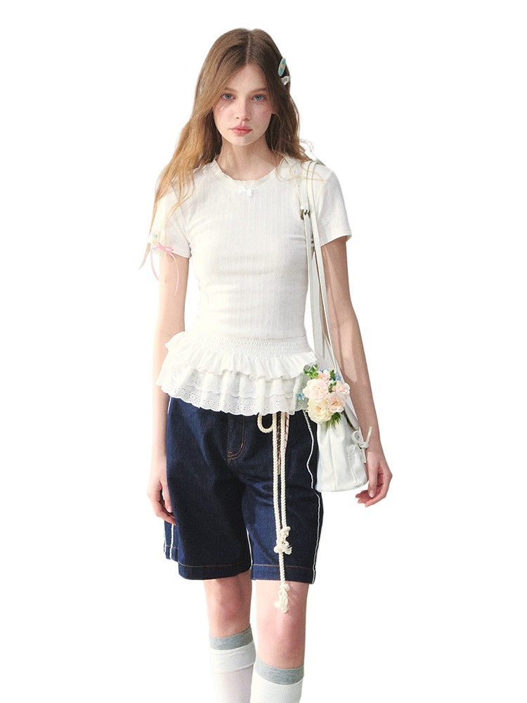 White Lace-hem Short-sleeve T-shirt - CHINASQUAD