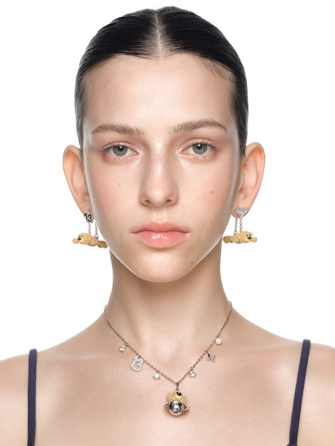 Playful Planet Flocked Bear Pendant Necklace