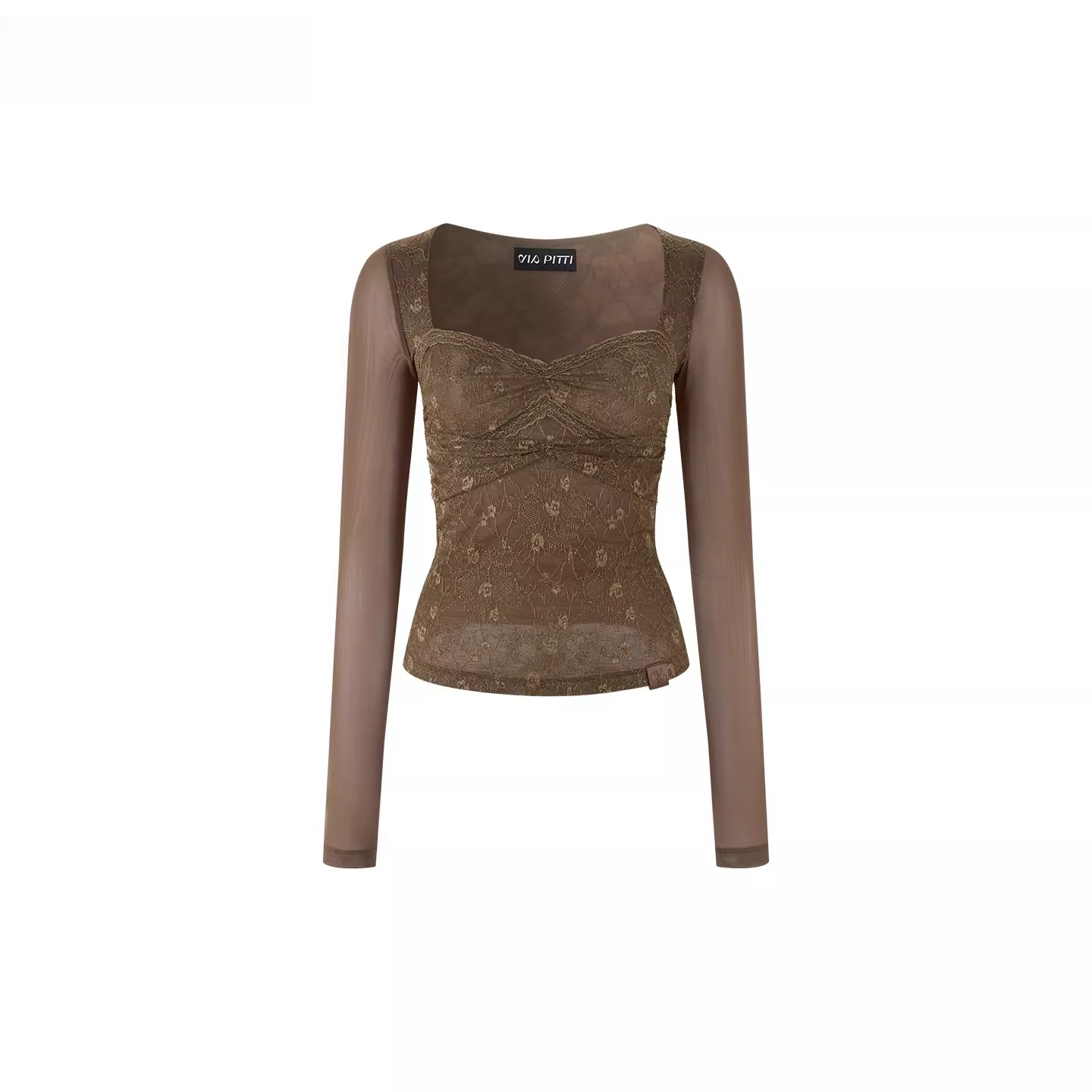 Lace Mesh Ruched Long Sleeve T-Shirts