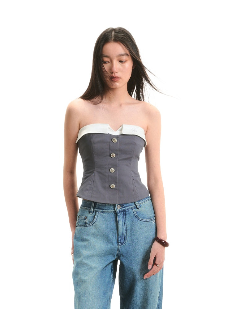 Fake Two-Piece Color Block Mermaid Strapless Top - CHINASQUAD