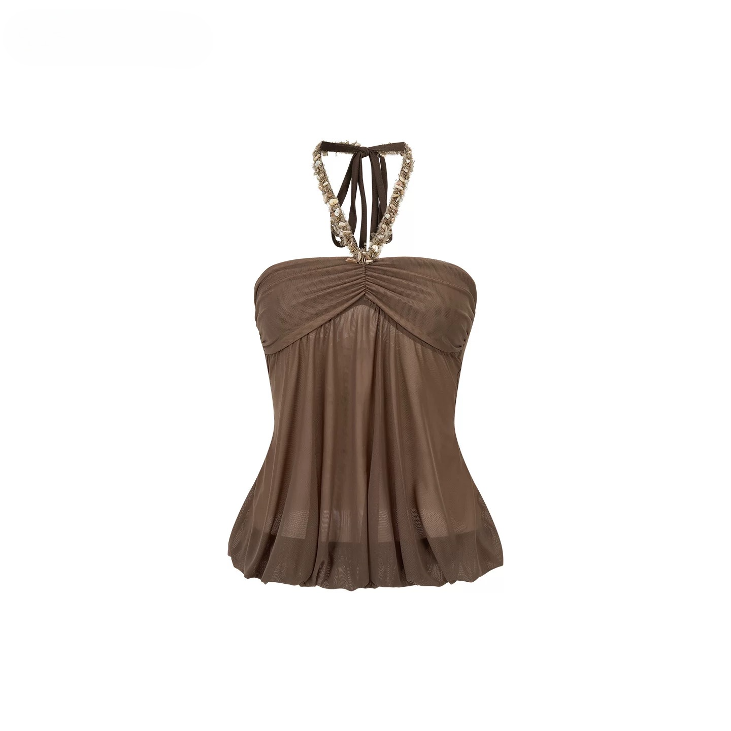 Sheer Double-Layer Mesh Halter Backless Top