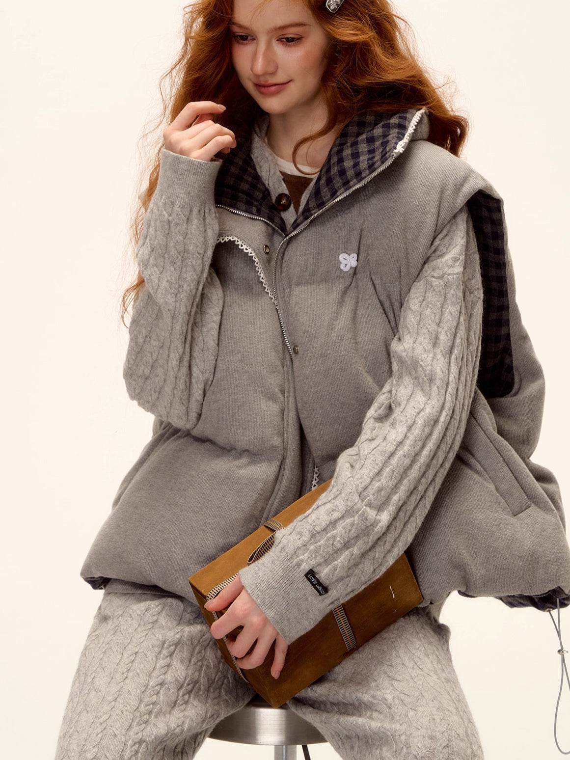 Reversible Plaid Lace-Trim Padded Vest