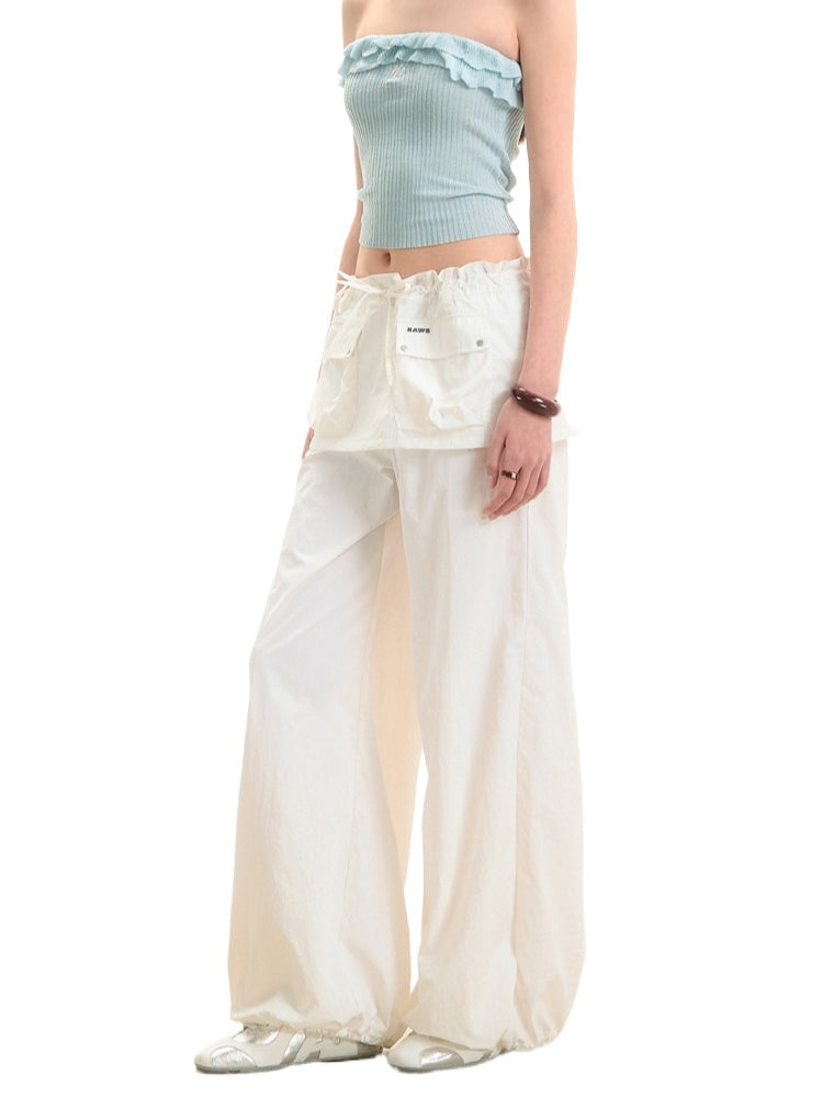 Faux Two-Piece Low-Waist Loose Drawstring Pants - CHINASQUAD