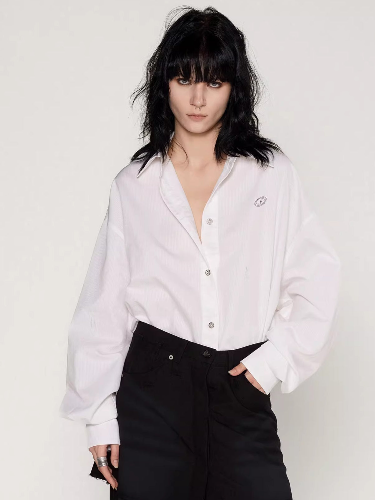 Washed Patchwork Faux Two-Piece Shirt Dress