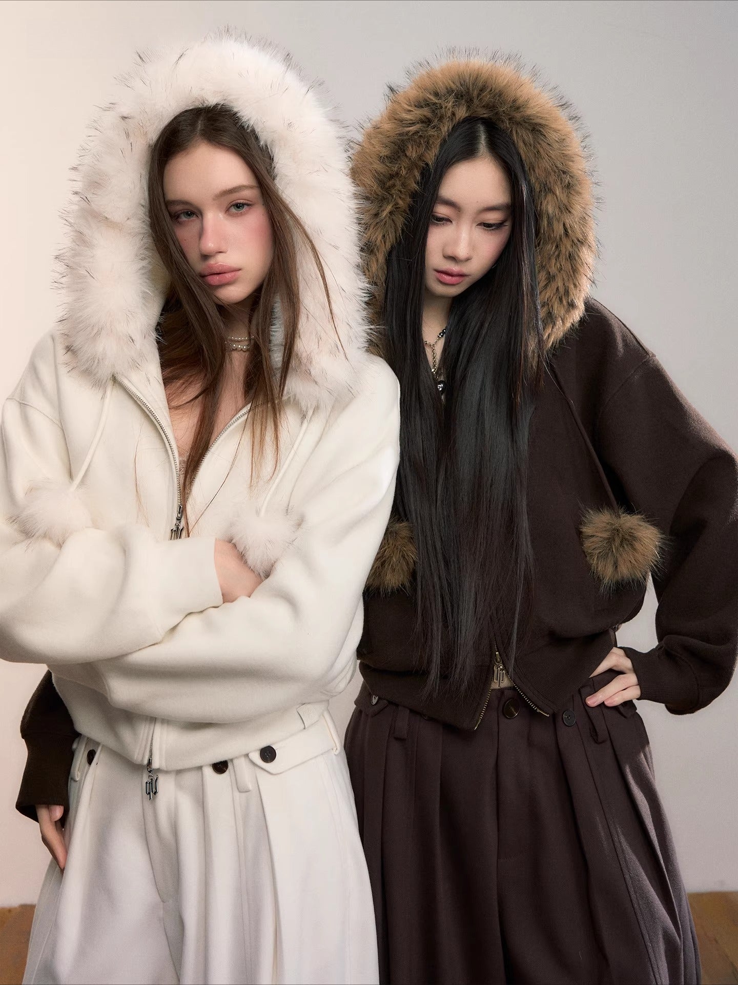 Faux Fur Collar Wool-Blend Fleece Jacket