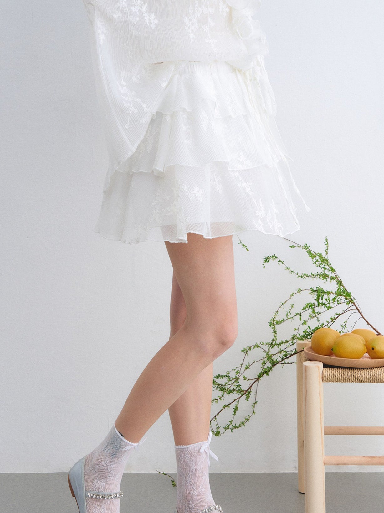 Embroidered Ruffle Chiffon Shirt & Tiered Skirt Set