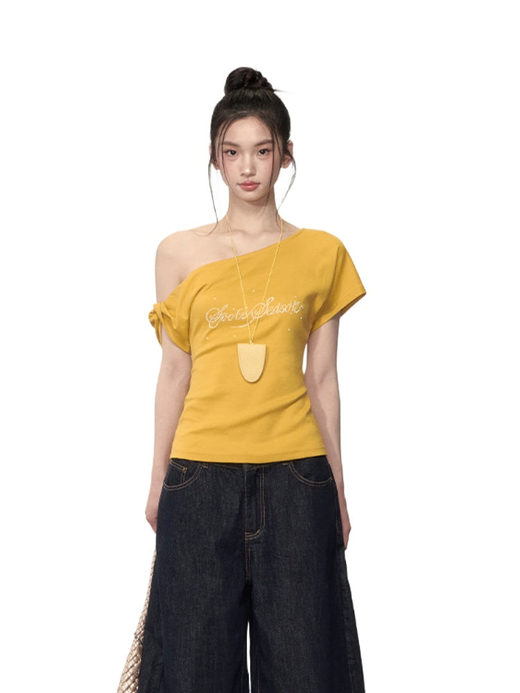 Pearl Waist - Cinching Off-Shoulder T-shirt - CHINASQUAD