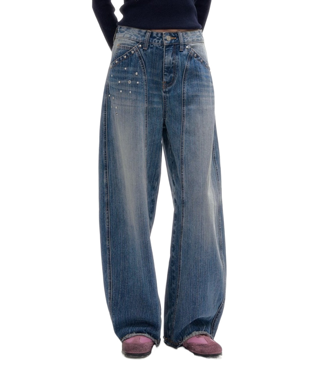 Studded Washed Wide-Leg Jeans - CHINASQUAD