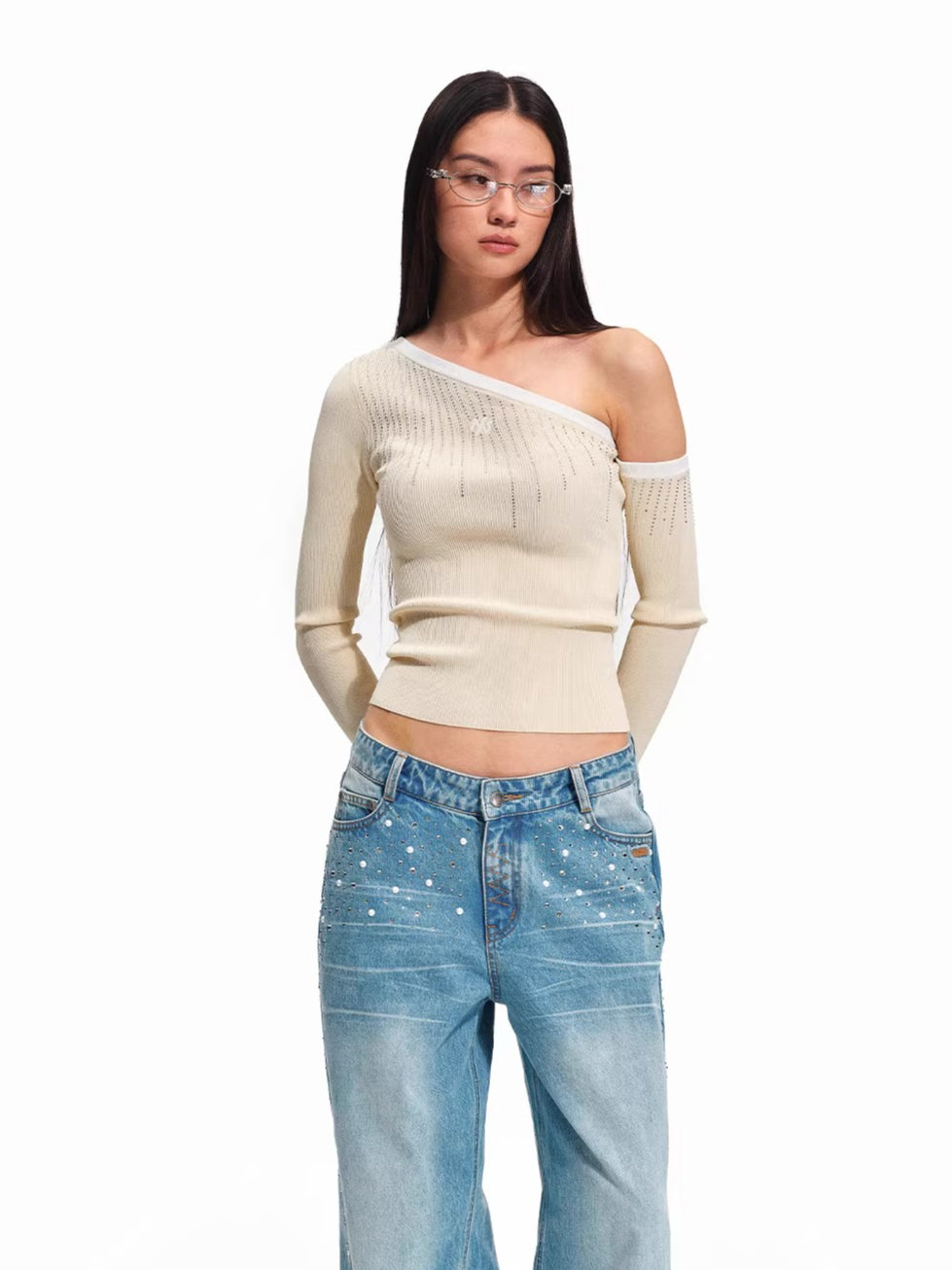 Asymmetric Off-Shoulder Sculpt Knit Crewneck
