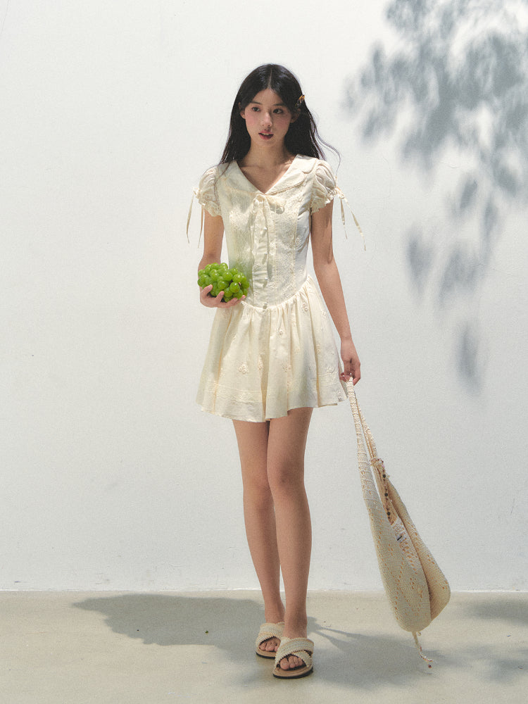 Embroidered Shirt-Collar Tea-Break Dress - CHINASQUAD