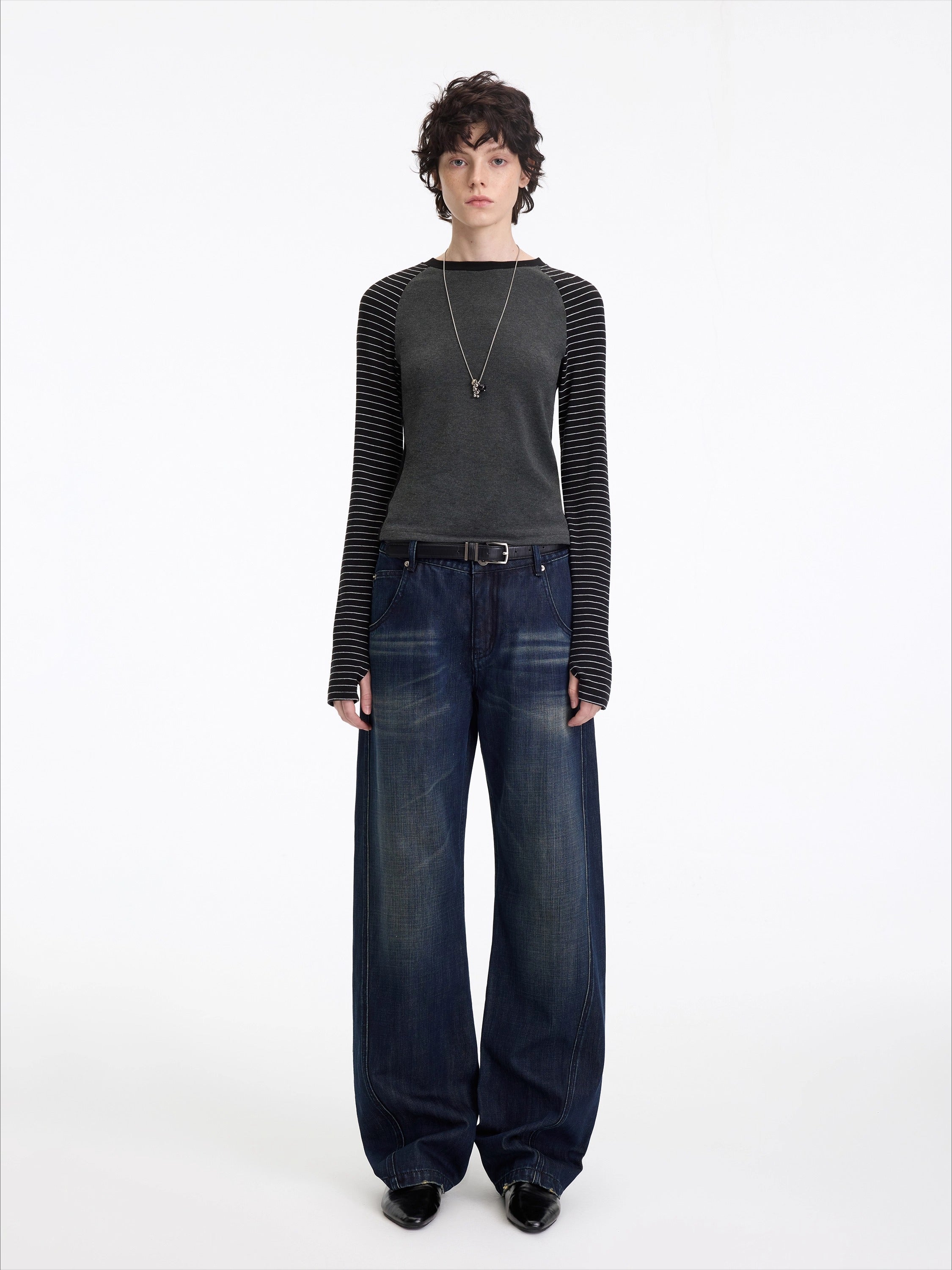 Washed Panel-Detail Curved Denim Pants